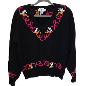 Vintage Izod Club Sweater V Neck Embroidered Black Cotton Ladies Large